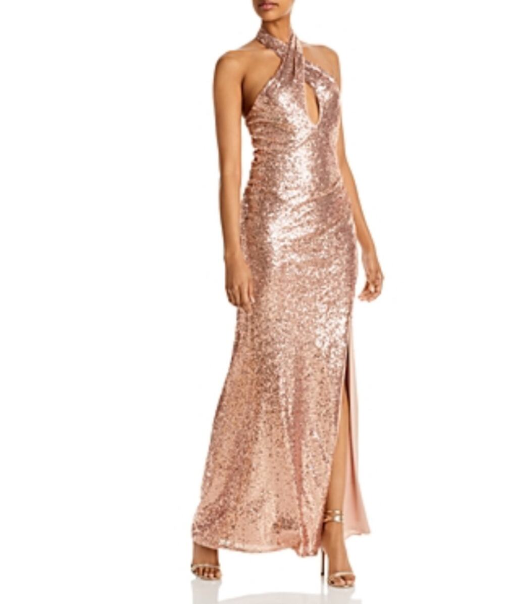 AQUA Rose Gold Column Gown Sequined Backless Cut Out Halter Dress Size Medium